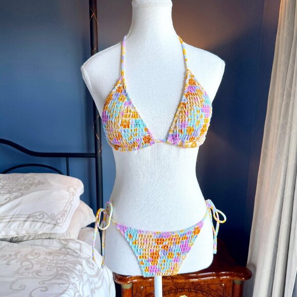 Pastel Floral Multicolour Smocked Ruched Bikini - Picture 1 of 8